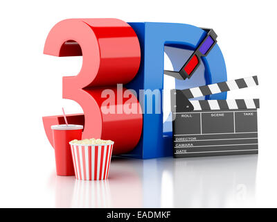 Immagine del cinema battaglio, popcorn, bere e gli occhiali 3d. la cinematografia concetto. Immagine 3D Foto Stock