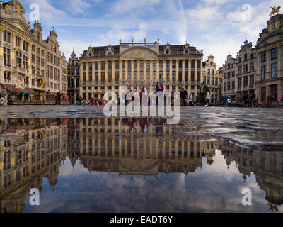 Ornati edifici della Grand Place di Bruxelles si riflette su di una pozza d'acqua, Belgio, Europa Foto Stock