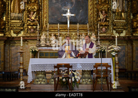 Sacerdote celebrare la Messa cattolica Foto Stock