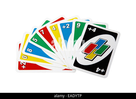 Uno gioco di carte isolati su sfondo bianco Foto Stock