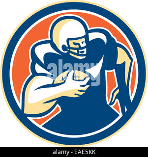 Illustrazione di un american football gridiron giocatore in possesso palla in esecuzione correndo insieme all'interno del cerchio su sfondo isolato fatto Foto Stock