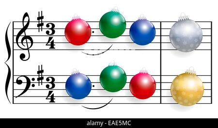 Canzone di Natale composta di coloratissimi shiny albero di natale sfere invece di note. Foto Stock