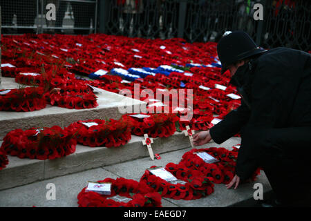 9 novembre 2014; GB, UK, Inghilterra, Londra, Torre di Londra, commemorazione centenaria della Prima Guerra Mondiale, "per mare, Per Terram, 'via mare, via terra' il Cenotafio. Foto Stock