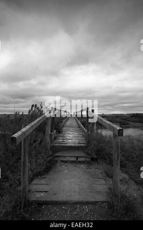 Ponte di legno su un torrente nelle paludi a Morston sulla Costa North Norfolk. Foto Stock