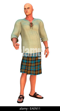 3D render digitale di un uomo moderno che indossa un kilt scozzese isolati su sfondo bianco Foto Stock