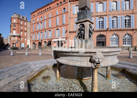 Street Fountain e mattoni rossi architettura su Place Etienne o piazza della città di Tolosa Haute-Garonne Francia Foto Stock