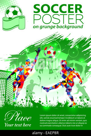 Soccer poster con i giocatori e tifosi su sfondo grunge, illustrazione Foto Stock