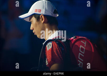 O2 Arena, Londra, Regno Unito. 13 Novembre, 2014. Barclays ATP round robin corrispondono, giocatori singoli Kei NISHIKORI (JPN) vs David FERRER (SPN). Credito: Malcolm Park editoriale/Alamy Live News Foto Stock