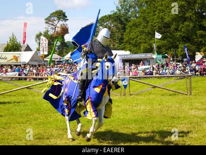 Un cavaliere a cavallo al galoppo round lo spettacolo anello. Cavalieri dei dannati giostre Display. Skelton Show, Cumbria, Inghilterra, Regno Unito. Foto Stock