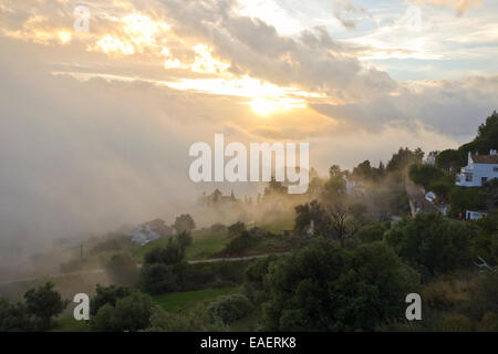 Bassa stratus nuvole nella campagna di Mijas, nebbia nebbia. Andalusia. Spagna. Foto Stock