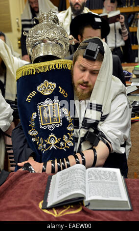 Un adoratore tenendo un Torah durante i giorni feriali le preghiere del mattino alla sinagoga di Brooklyn, New York Foto Stock