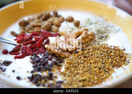 Mangiare sano - yogurt con bacche di goji, noci, gelsi, polline e materie fava di cacao Foto Stock