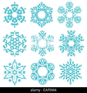 Set di fiocchi di neve blu isolato su uno sfondo bianco Foto Stock