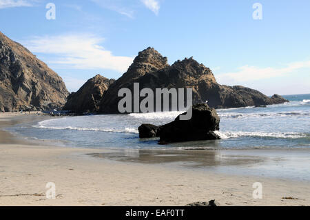 Pfeiffer Beach, una grande deviazione a guidare lungo la Californian Highway 1, Big Sur. È famoso per il grande paesaggio e la sabbia di colore viola. Foto Stock