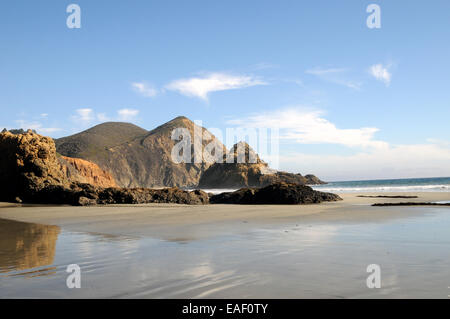 Pfeiffer Beach, una grande deviazione a guidare lungo la Californian Highway 1, Big Sur. È famoso per il grande paesaggio e la sabbia di colore viola. Foto Stock