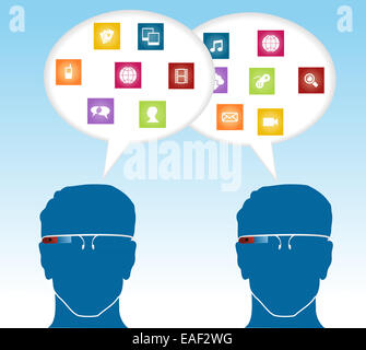 Social media smart bicchieri concetto. Connessione con le persone con il discorso bolla icone multimediali. EPS10 file vettoriale organizzati in strati Foto Stock