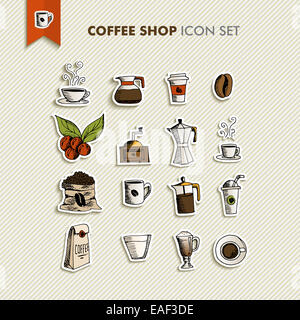 Disegnata a mano coffee shop set di icone del design. Menu, sito web e app elementi. EPS10 file vettoriale organizzati in strati per operazioni di editing semplici. Foto Stock