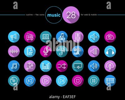 La musica colorata piatte set di icone per il web e mobile app. EPS10 file vettoriale organizzati in strati per operazioni di editing semplici. Foto Stock
