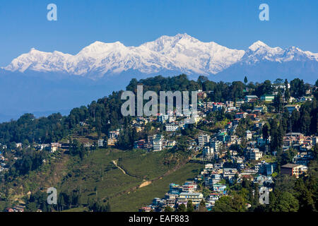 Darjeeling e Kangchenjunga montagna himalayana da Tiger Hill, Darjeeling, West Bengal, India Foto Stock