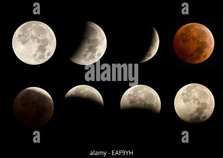 Lunar Eclipse sequenza comprendente eclissi totale di luna di sangue Foto Stock