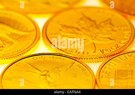 Le piccole monete d oro - Decima Krugerrand, decimo oz Canadian Maple Leaf; decimo oz Australian Kangaroo; decimo oz dal Messico Foto Stock