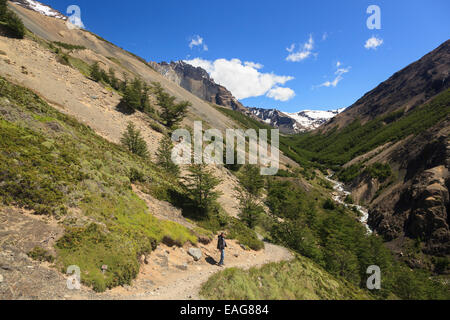 Escursionista nel Parco Nazionale di Torres del Paine Cile Foto Stock