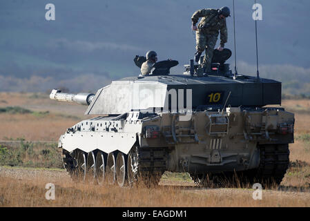 Lulworth gamma, Dorset, Regno Unito. 14 Novembre, 2014. Il tempo di parte di soldati dell'esercito britannico che forniscono la resilienza blindati per esso sono state mostrare ciò che essi sono in grado di Oggi (Venerdì) alle gamme di Lulworth nel Dorset. Il Challenger MkII serbatoi equipaggi sono tutti completamente addestrato soldati di riserva dal Royal Wessex Yeomanry e sono ora pronti ad unirsi in un conflitto con il tempo pieno reggimenti corazzati dovrebbero essere invitati a. Credito: Dorset Media Service/Alamy Live News Foto Stock