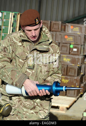 Lulworth gamma, Dorset, Regno Unito. 14 Novembre, 2014. Il tempo di parte di soldati dell'esercito britannico che forniscono la resilienza blindati per esso sono state mostrare ciò che essi sono in grado di Oggi (Venerdì) alle gamme di Lulworth nel Dorset. Il Challenger MkII serbatoi equipaggi sono tutti completamente addestrato soldati di riserva dal Royal Wessex Yeomanry e sono ora pronti ad unirsi in un conflitto con il tempo pieno reggimenti corazzati dovrebbero essere invitati a. Credito: Dorset Media Service/Alamy Live News Foto Stock