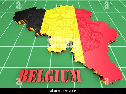 Mappa 3D illustrazione del Belgio con la bandiera e stemma Foto Stock