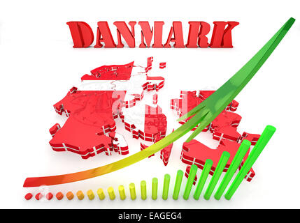 Mappa 3D illustrazione della Danimarca con bandiera e stemma Foto Stock