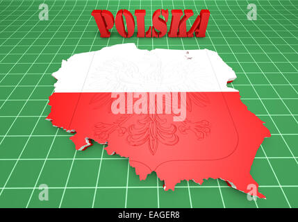 Mappa 3D illustrazione della Polonia con bandiera e stemma Foto Stock