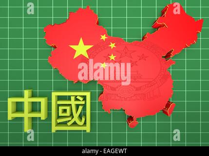 Mappa 3D della Cina in bandiera cinese di colori. Foto Stock