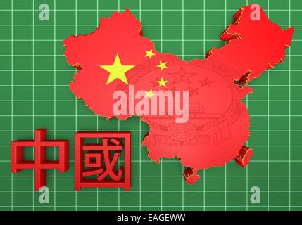 Mappa 3D della Cina in bandiera cinese di colori. Foto Stock