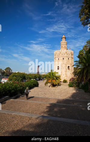 La Torre del Oro o 'Oro torre di vedetta militare eretto dall'almohade califfato, 1220-1221, Siviglia, in Andalusia, Spagna Foto Stock