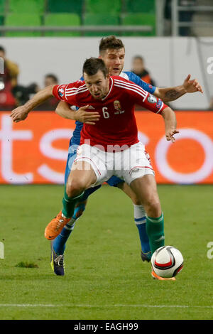 Budapest, Ungheria. 14 Novembre, 2014. Hunagrian Akos Elek (6) è tirato indietro dal finlandese Hetemaj Perparim durante l'Ungheria vs. Finlandia UEFA EURO 2016 qualifier partita di calcio in Groupama Arena il 14 novembre 2014 a Budapest, Ungheria. Credito: Laszlo Szirtesi/Alamy Live News Foto Stock