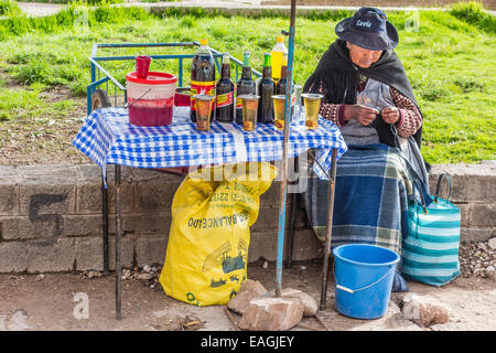 Una vecchia donna si siede accanto al suo tavolo pieno di varie bevande boliviano, compresi i locali di cola e una pesca regionale bere da bea Foto Stock