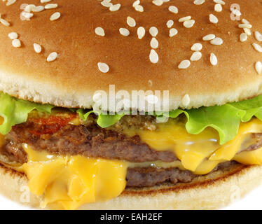 Double cheeseburger è fotografato close-up su sfondo bianco Foto Stock