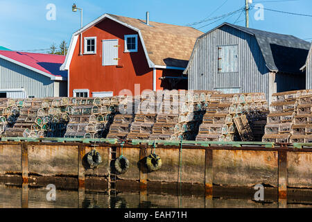 Pile di lobster trap sull'wharf nelle zone rurali di Prince Edward Island, Canada. Foto Stock