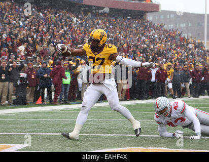 Minneapolis, Minn. Xv Nov, 2014. Minnesota i Gopher running back David Cobb (27) punteggi un touchdown nel secondo trimestre azione durante il NCAA Football gioco tra le Università del Minnesota i Gopher e la Ohio State Buckeyes a TCF Bank Stadium di Minneapolis, Minn. © csm/Alamy Live News Foto Stock