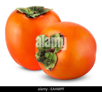 Due arancioni persimmon maturi isolati su sfondo bianco Foto Stock