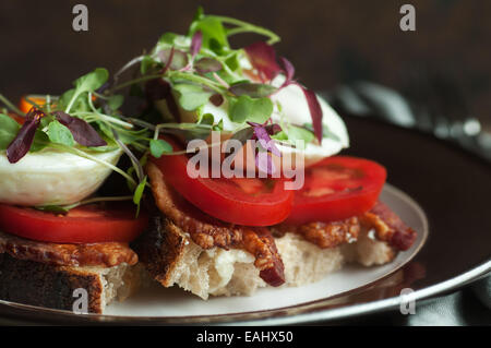 Colorato di fronte aperto prima colazione panino con pancetta, Pomodoro, Uovo in camicia e i germogli sul paese fresca pane Foto Stock