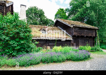 Svedese Tradizionale casa colonica con giardino fiorito at Skansen, Stoccolma, Svezia Foto Stock