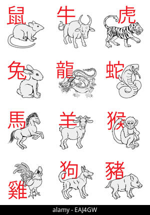 Una serie di Nuovo Anno Cinese segni zodiacali con la calligrafia iscritto dietro ogni animale Foto Stock