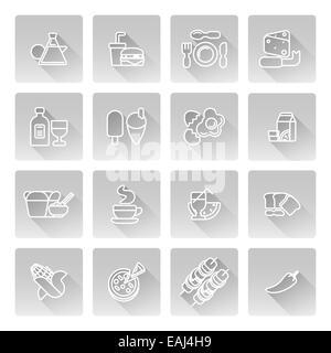 Icona di cibo tra cui le icone per burger, cibo cinese, pizza, caffè e molti altri Foto Stock