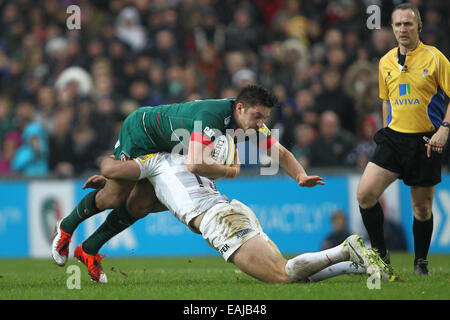 Leicester, Regno Unito. Xvi Nov, 2014. Aviva Premiership. Leicester Tigers contro i Saraceni. Owen Williams (Leicester)è affrontato da Marcelo Bosch (Saraceni) Credito: Azione Sport Plus/Alamy Live News Foto Stock