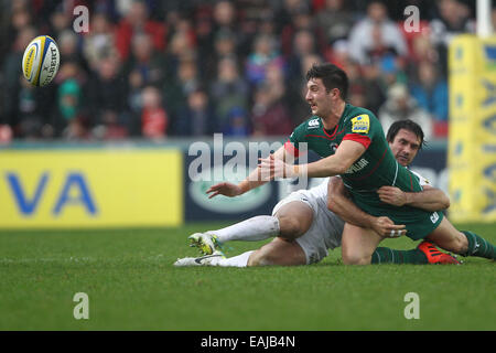 Leicester, Regno Unito. Xvi Nov, 2014. Aviva Premiership. Leicester Tigers contro i Saraceni. Owen Williams (Leicester) riceve la palla lontano Credito: Azione Sport Plus/Alamy Live News Foto Stock