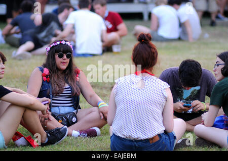 BENICASIM, Spagna - 18 Luglio: persone (ventilatori) seduto in erba a FIB (Festival Internacional de Benicassim) 2013 Festival. Foto Stock