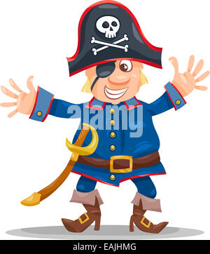 Illustrazione del fumetto di divertenti pirata o corsaro capitano con occhio Patch e Jolly Roger Foto Stock