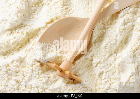 Farine finemente macinate, in legno del mulinello e del cucchiaio Foto Stock