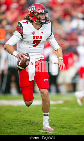 Il doppio lavoro straordinario. Xv Nov, 2014. Utah Utes quarterback Travis Wilson (7) in azione durante il NCAA Football gioco tra la Stanford il cardinale e la Utah Utes presso la Stanford Stadium di Palo Alto, CA. Stanford è stato sconfitto da Utah 20-17 in doppia le ore di lavoro straordinario. Damon Tarver/Cal Sport Media/Alamy Live News Foto Stock